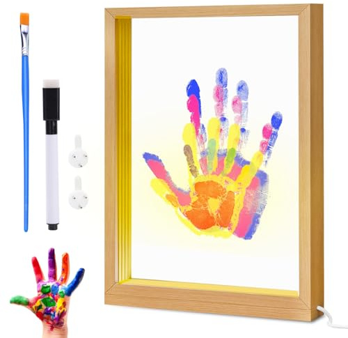 Set di impronte a mano per famiglia – Set di impronte digitali fai da te per 4 persone con cornice in acrilico, luce calda, USB, regali personalizzati per la famiglia e il bambino