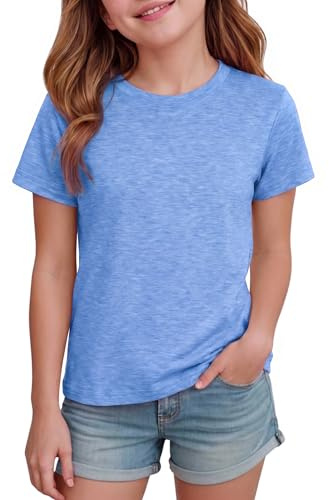 Demegimi Girls T-Shirts - Summer Short Sleeve Tops, Children's Solid Crew Neck Casual Sport Tees, Basic Everyday Top for Kids 5-14 Years