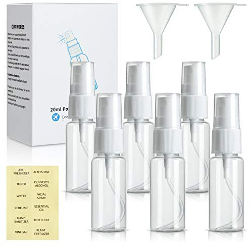 LSAIFATER 6PCS 20ml Spray Bottles, Small Clear Empty Mist Travel Perfume Bottle Set Refillable Spray for cooking oil With 2pcs Funnels and 12pcs Labels