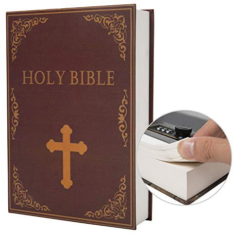 Cassaforte a forma di libro in vera carta, scatola portaoggetti con codice di blocco/chiave, cassaforte a forma di libro sfogliabile (combinazione, Bibbia)