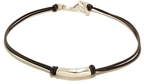 Collar hecho a mano de cuero y detalle de tubo en zamak por Intendenciajewels - Collar de cuero negro - Collar boho - Joyeria de zamak – Collar ajustable de 40 – 43,5 cm.