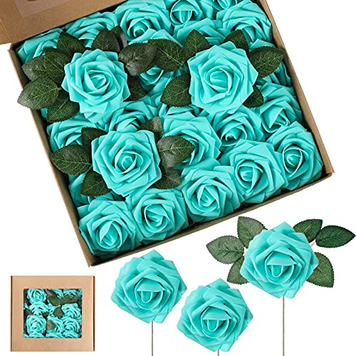 Syhood Artificial Foam Rose Flowers Vintage Fake Roses DIY Bouquets with Leaves and Stems for Wedding Bridal Shower Party Centerpieces Home Romantic Decor(Turquoise,50 Pieces)