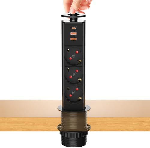 Regleta Enchufes Retráctil USB C PD20W, Enchufe Multiple 3 Enchufes, Torre de Enchufes Vertical Empotrable para Encimera, 1,8 Metros Cable, Negro