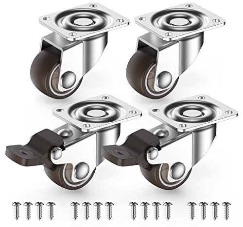 25mm Möbelrollen klein 4er Set Lenkrollen mit Bremsen Rollen für möbel klein mit 40kg Gesamtkapazität (2 Gummirollen mit Bremsen und 2 ohne)
