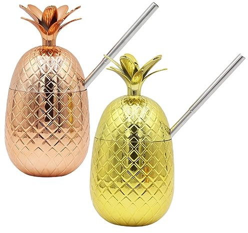 Healvian 2 Sets Ananas Becher Tropischer Mit Strohhalm Tropisches Cocktailglas Ananas Trinkbecher Hawaii Pineapple Mug Getränkebecher Für Strandparty Bar Alle kalten Getränke 500ML