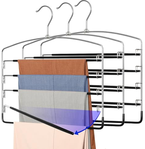 TOPIA HANGER Pant Hangers Space Saving 3 Pack Yoga Pants Leggings Hangers for Closet Non Slip 5 Tier Swing Arm Hanger Organizer for Pants Yoga Pants Leggings Trouser Jeans Slack - CT49B