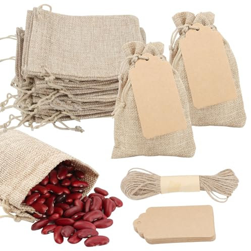 25 bolsa de lino con cordón, pequeñas bolsas de tela para joyas con etiquetas de papel y cuerda, repetible, para regalos de boda, Navidad, 10 x 14 cm
