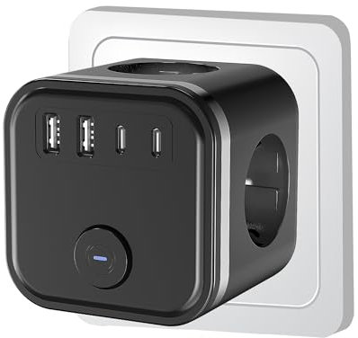 7 en 1 USB Cubo Enchufe, Ladron Enchufes 3680W, Múltiples Pared con 3 Tomas de CA, 2 Tipo C y Interruptor, regleta enchufes con USB, Cargador Ladron para Hogar Oficina, Negro