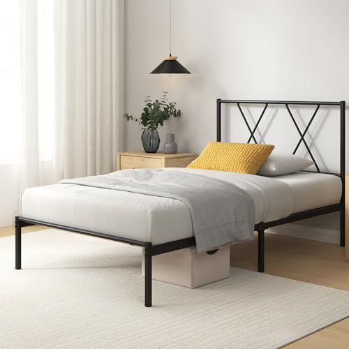 Zinus Elias Modern 3ft Single Metal Bed Frame with Headboard (90 x 190 cm) – Steel Slat Support, Easy Assembly – Black