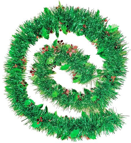 Artisoul 18M Espumillón Navideño Verde con Bayas Rojas y Hojas de Acebo, 9X Guirnalda Navidad 2M para Árbol, Escaleras, Chimenea, Ventanas y Decoración Interior y Exterior, Verde