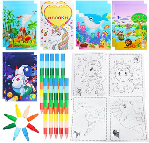 Lot de 10 mini livres de coloriage pour enfants avec crayons de cire empilables - Livres de peinture DIY pour enfants à partir de 3 à 6 ans - Cadeau d'anniversaire