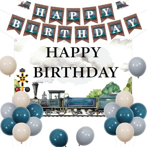 Kreatwow Train Birthday Decorations Retro Train Theme Birthday Backdrop Banner Steam Train Banner Balloons for Railroad Train Crossing Transportation Party Train 1st 2nd 3rd