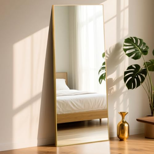 ABXMAS Espejo de pie Cuadrado ángulo Rectangular 180 x 76 cm Dorado, Espejo Grande de Cuerpo Entero Marco de aleación de Aluminio, Espejo de Pared para salón, Dormitorio, vestidor