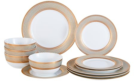 Porcelain Dinnerware Set with Real Gold Trim (Geometric Pattern,Service for 4)