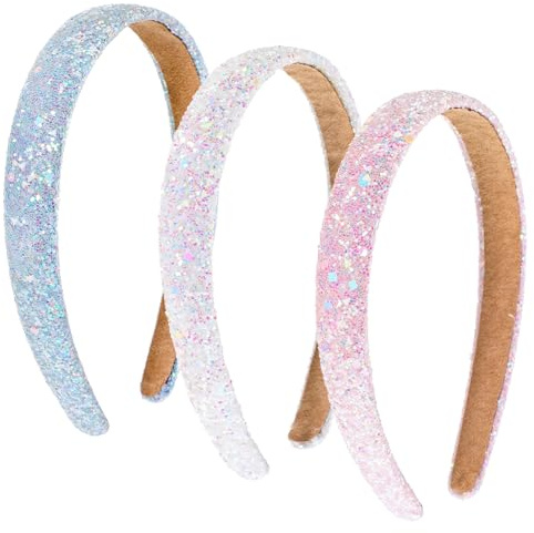 3PCS Kids Headbands Sparkly Headbands for Girls Wide Padded Hair Bands Thick Bling Fashion Cute Daily Accessories for Girls and Women (5.7×4.5 Inches, Pink + Sky Blue + White)