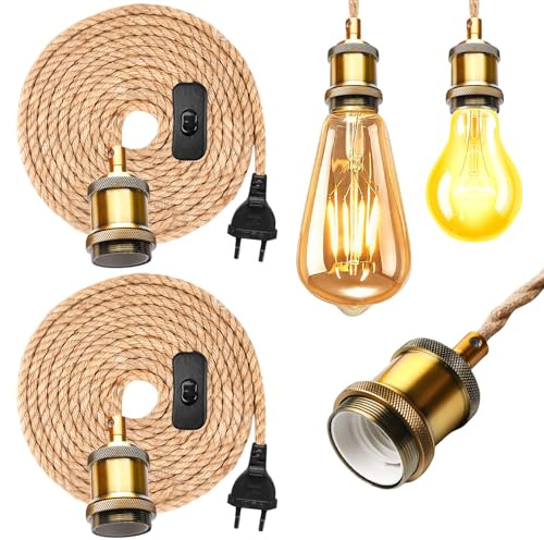 Behogan - 2 lampade a sospensione vintage con spina, E27, cavo per lampada vintage, cavo per lampada con interruttore con corda di canapa da 4,6 m, fai da te