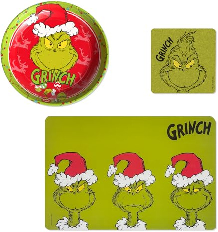 The Grinch - Lot de 9 sets de table en plastique vert - Petits dessous de verre en feutre pour boissons et assiettes à biscuits - 26 cm - Rouge - Décoration de Noël amusante pour la période de l'Avent