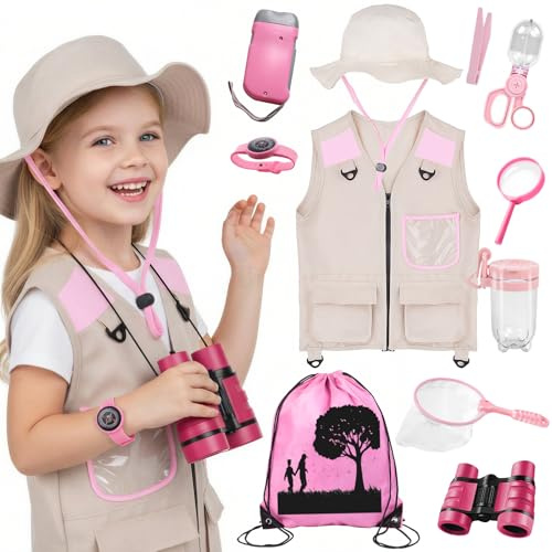 Xerteam Set de investigador para niños, 11 unidades, disfraz de safari con sombrero de explorador, chaleco, binoculares, red de mariposas, equipo de camping para niños de 3 a 10 años, juguete de