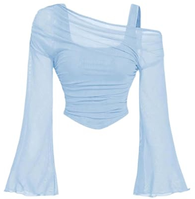 Generico Camicetta Donna Elegante, Maglietta in Rete Maniche Lunghe Spalle Scoperte, Crop Top Asimmetrico con Spalline, Blusa Trasparente Spalle Scoperte, Magliette Maniche a Campana con Volant