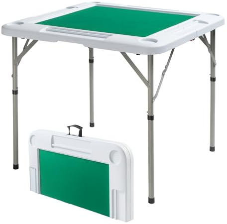 Bonnlo 34 Foldable Mahjong Table, 4 Player Square Card Table with Cup Holders and Chip Trays, Portable Poker Table for Blackjack, Texas Holdem, Board Game, Pre-Assembled (White)