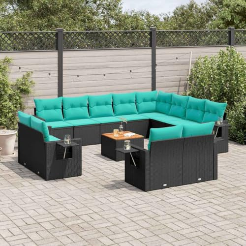 GeenYuu Ensemble canapé modulable Jardin extérieur 13 pcs rotin PE Noir avec Coussins rembourrés Assise Dossier Banquette Angle Milieu accoudoir Table Patio terrasse véranda