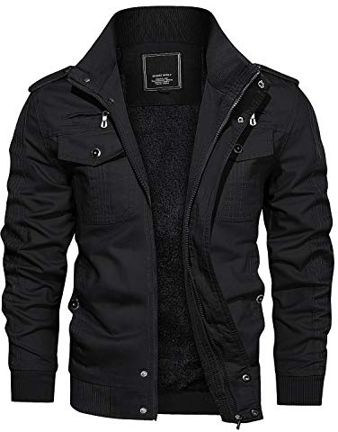 CRYSULLY Fleece jacket men Winter Warm Stylish Classic Cargo Jackets Stand Collar Military Coat Black M
