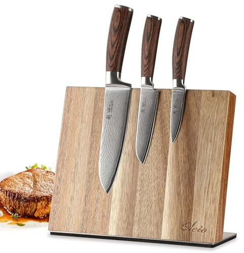 Wakoli EDIB 3-teiliges Küchenmesser Set aus Damaststahl (VG10 Kern) mit magnetischem Messerblock – mit 2× Santoku Messer & Officemesser – Scharf & ergonomisch – Damastmesser Set mit Pakkaholzgriffen