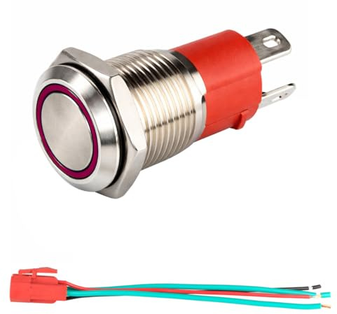 GUUZI 12V-24V/15A Pulsante Momentaneo NO Luce LED Rossa Impermeabile Pulsante di Avvio di Alimentazione in Metallo Illuminato da 16mm con Cavo di Presa