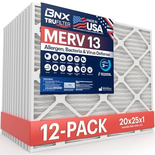 BNX TruFilter 20 x 25 x 1 MERV 13 (12er-Pack) AC Ofenluftfilter – hergestellt in den USA – elektrostatisch gefaltete Klimaanlage HVAC AC Ofenfilter – entfernt Pollen, Schimmel, Bakterien, Rauch