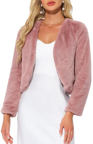 Allegra K Women's Cropped Open Front Jacket Collarless Long Sleeve Faux Fur Coat Medium Dusty Pink