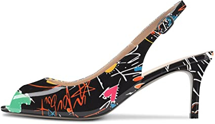 NobleOnly Womens Stiletto Mid Heel Peep Open Toe Sandals Slingback Ankle Strap Wedding Office Pumps Court Shoe 6.5 CM Heels Shoes Black Multicolor 5 UK