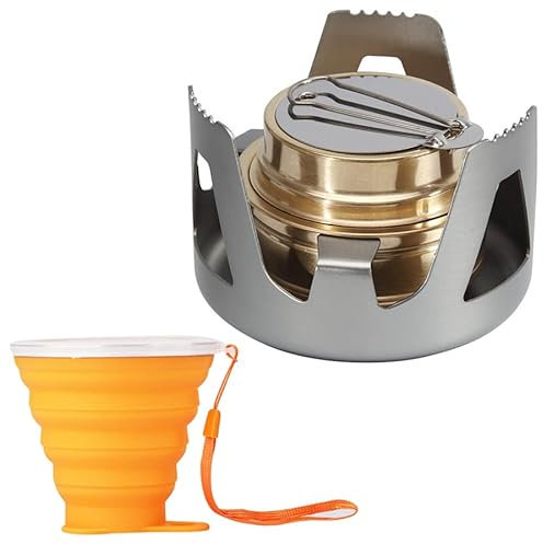 Campingspis & resemuggsset - Mini portabel spis Resekaffemugg - Spillsäker camping-/vandrings-/ryggsäcksugn - alkoholspis i rostfritt stål och hopfällbar kopp för resor - Campingmugg i silikon