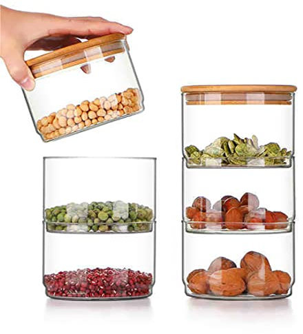 Generic Stapelbare Glasdosen mit Bambusdeckel, 3-stöckige Vorratsdosen aus Glas, stapelbare Vorratsbehälter, Glasdosen mit luftdichten Deckeln für Küche