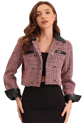 Allegra K Tweed Plaid Blazer for Women's Contrast Collar Double Breasted Vintage Cropped Jackets Medium Red