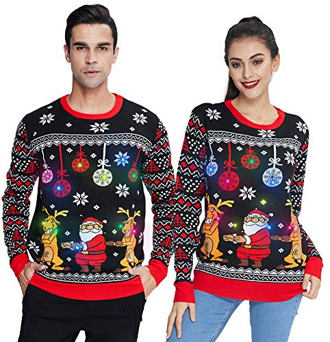 Freshhoodies Donne Uomo Babbo Natale Maglione Natalizio Illuminato A LED Retro Girocollo Natale Maglione Maglia Chritmas Sweater Jumper XL