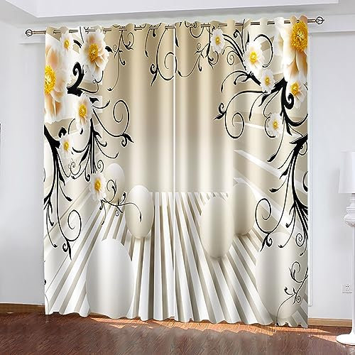 Skcess Gardinen Set, Curtain Weiß Grau Rosen und Schmetterlinge Vorhang Polyester Gardinen 2er Set 132x183cm(WxH)