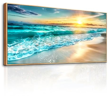 MHARTK66 Cuadros Decoracion Salon Modernos Con Marco Madera, 50x100 cm Grandes Laminas Decorativas Pared Dormitorios, Lienzos Decorativos Pared Amanecer En El Mar, Wall Art Comedor Pasillo Baño