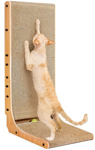 EHEYCIGA L Shape Vertical Cat Scratcher with Ball Toy, 81cm High, Brown | Stand Up Cardboard Cat Scratcher, Scratching Board for Indoor Cats, Protecting Furniture Scratch Pad