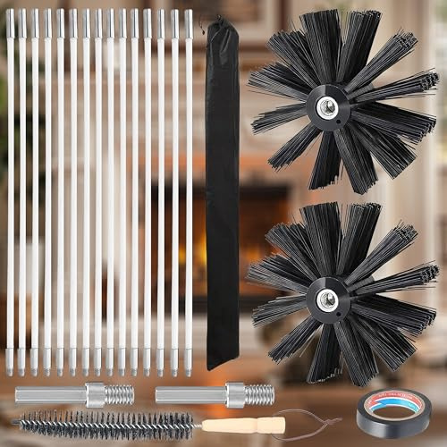 Kit Nettoyage Poêle à Granulés, Kit Ramonage Poêle Pellet, Buche de Ramonage Brosse Hérisson de Ramonage Cheminée pour Conduits (6 Mètres en 15 Cannes de 410mm+2 Tête Brosses Nylon 200mm+Accessoires)
