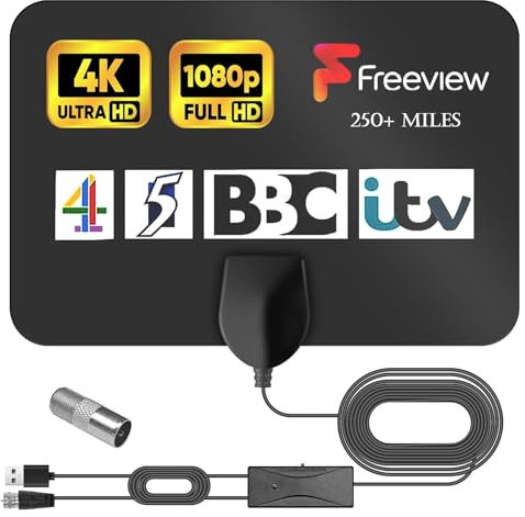 Zimmerantenne DVB-T2 mit Verstärker, Zimmerantenne für Fernseher, DVB-T2 Antenne, TV Antenne, Verbessertes Signal, 5M Koaxialkabel Unterstützt 4K 1080P Kostenlose Kanäle für TV/Radio Lokale TV-Kanäle