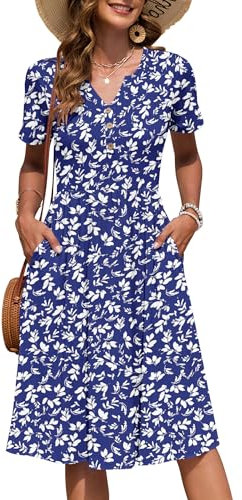 AUSELILY Women's Summer Short Sleeve Midi Dresses V Neck Empire Button Knee Length Dress with Pockets Floral Blue XL