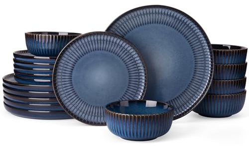 Richmount Starlight Dinner Sets for 6 People, 18 Pieces Reactive Glaze Plates and Bowls Sets, Embossed Stoneware Dinner Sets, Scratch Resistant Dinnerware Set, Dishwasher & Microwave Safe, NebulasBlue