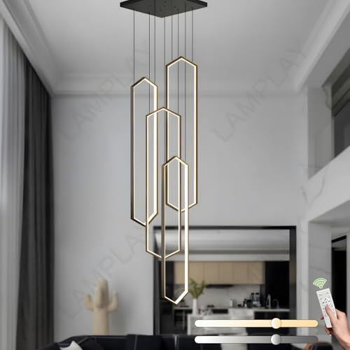 LAMPLAY Lámpara De Araña Moderna, 4 Luces LED Con Anillo De Diamantes Negro, Lámpara De Araña De Villa Ajustable En Altura, Luz De Sala De Estar Con Control Remoto 3000K-6000K Atenuación, Pasillo