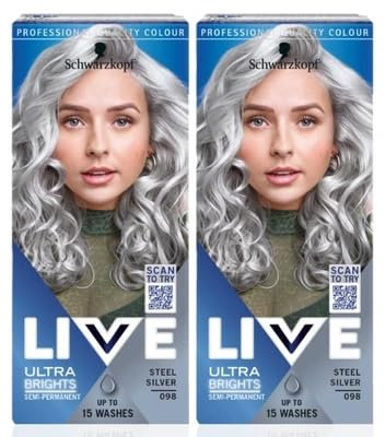 Schwarzkopf LIVE Ultra Brights Silver Hair Dye, Steel Silver 098 PACK OF 2