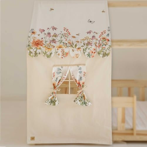Moi Mili Tenda a baldacchino, effetto casalingo, con stampa di fiori selvatici, 400 x 125 cm, a forma di casa, con finestra per lettino, decorazione per letto, cameretta dei bambini