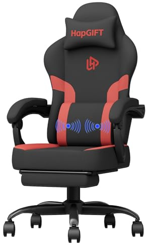 HapGIFT Gamer Stuhl, Ergonomischer Computerstuhl mit Massagefunktion, Technikstoff Gaming Stuhl mit Fußstütze, Kopfstütze, Höhenverstellbar Gamer Sessel mit Lendenwirbelstütze, 150 kg, Schwarz-Rot