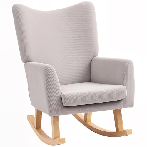 HOMCOM Schaukelstuhl Schaukelsessel mit hoher Rückenlehne, Cord-Optik, Schwingsessel Sessel Relaxsessel mit breite Armlehne, Holzkufen, Stillsessel für Wohnzimmer, Schlafzimmer, Balkon Hellgrau