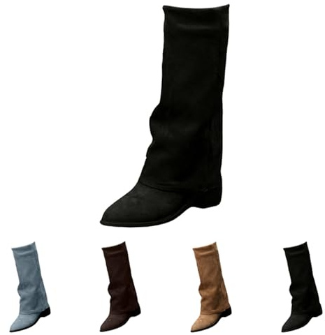 UK 6.5 Womens Fold Over Boots Mid Calf Slouchy Suede Pointed Toe Slip on Chunky Block Heel Short Boots Booties Fall Winter Mid Calf Boot Shoes Black Footwear