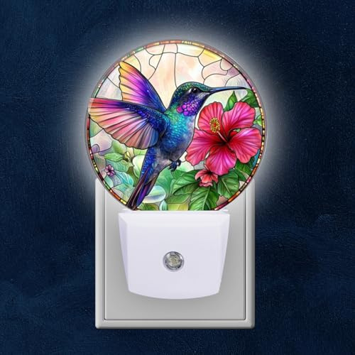 Mearafois Round LED Night Lights Lamp with Dusk to Dawn Sensor, Hummingbird and Flower Night Light Plug Into Wall for Kids Room, Bedroom, Bathroom, Kitchen, Hallway