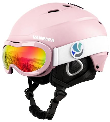 VANRORA Kids Ski Helmet and Goggles Set - Safety-Certified Youth Snowboard Helmet, Climate Control Vents, Snow Sport Helmets for Toddler (Sakura Pink Helmet/Grey Lens with Revo Red Coating, Small)
